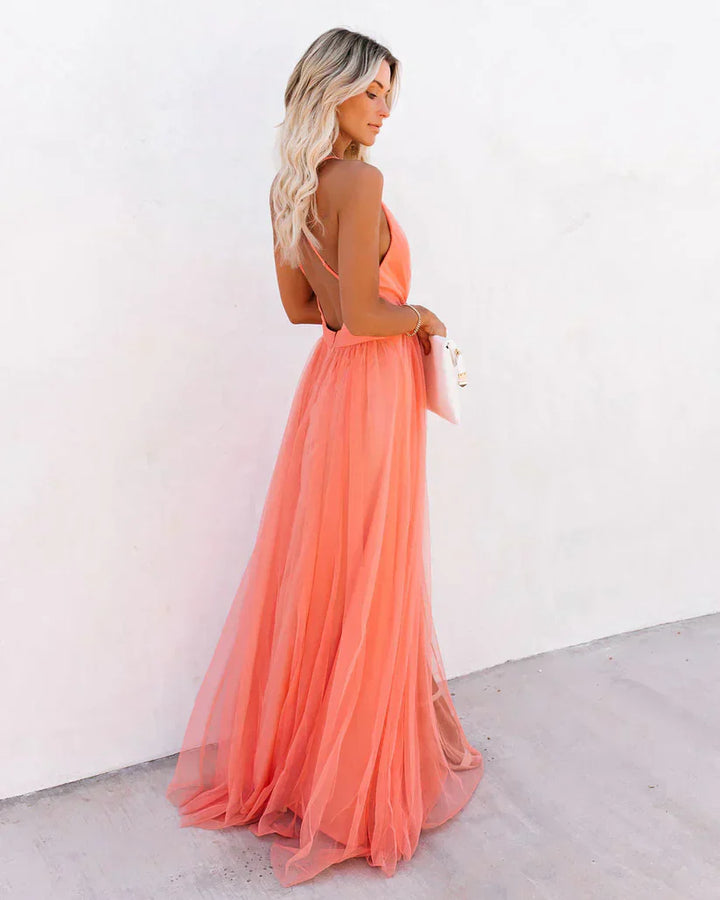 Abito lungo da donna con scollo a V profondo – Abito in tulle arioso con spalline sottili per estate, matrimonio e festa in spiaggia