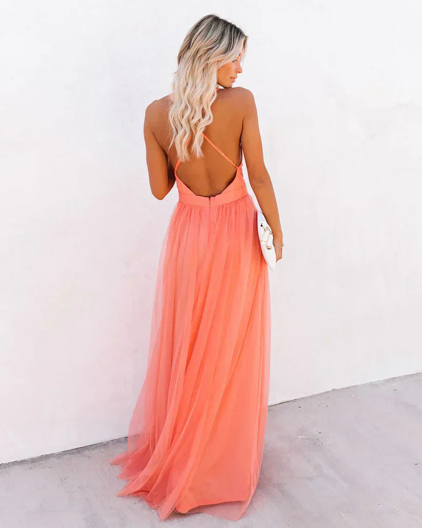 Abito lungo da donna con scollo a V profondo – Abito in tulle arioso con spalline sottili per estate, matrimonio e festa in spiaggia