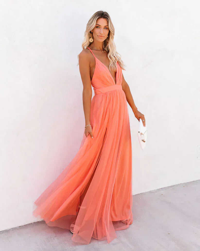 Abito lungo da donna con scollo a V profondo – Abito in tulle arioso con spalline sottili per estate, matrimonio e festa in spiaggia