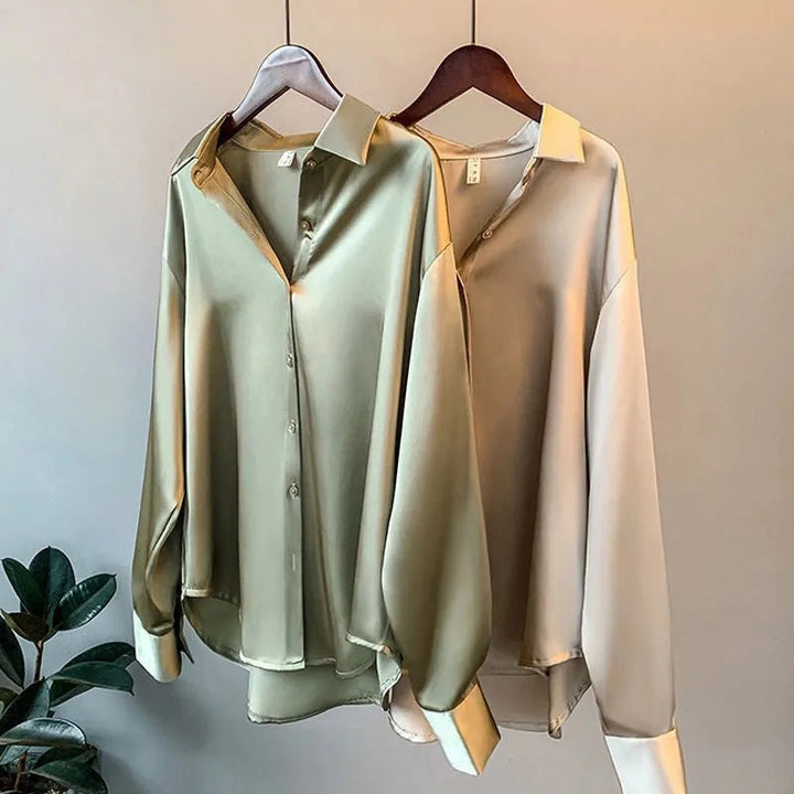 Camicia oversize da donna in satin – elegante camicia a maniche lunghe con abbottonatura