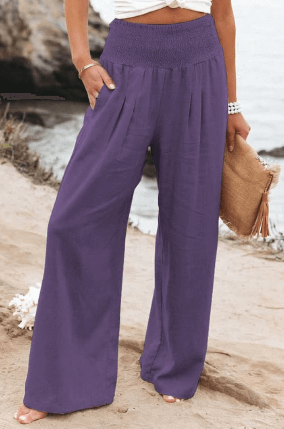 Pantaloni estivi larghi da donna con coulisse arricciata – Pantaloni da spiaggia ariosi con vita alta e taglio palazzo