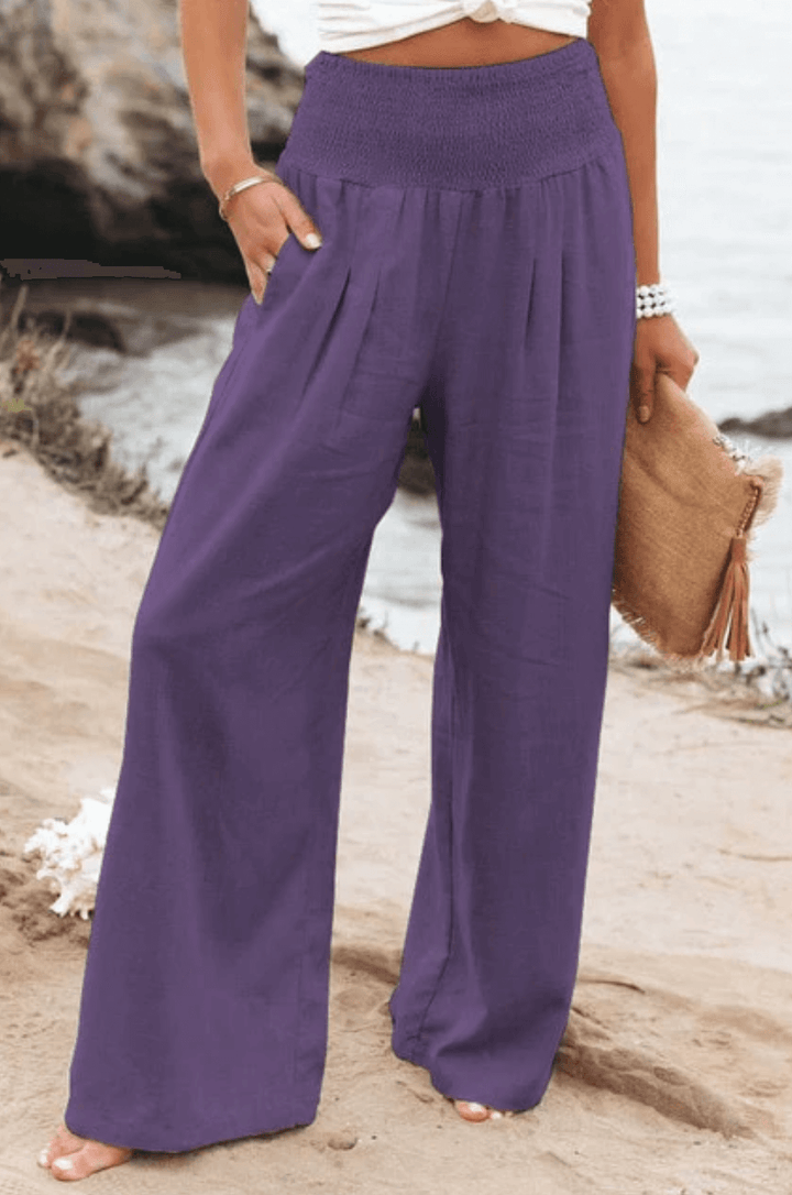 Pantaloni estivi larghi da donna con coulisse arricciata – Pantaloni da spiaggia ariosi con vita alta e taglio palazzo