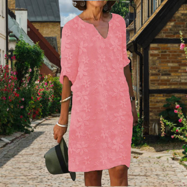 Abito estivo donna – abito di lino con ricamo floreale e scollo a V