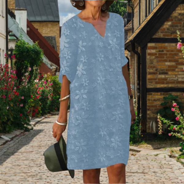 Abito estivo donna – abito di lino con ricamo floreale e scollo a V
