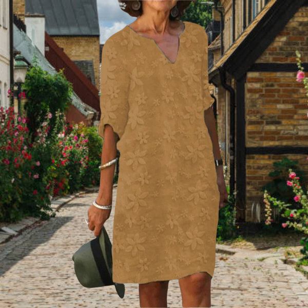 Abito estivo donna – abito di lino con ricamo floreale e scollo a V