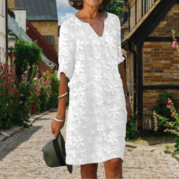 Abito estivo donna – abito di lino con ricamo floreale e scollo a V