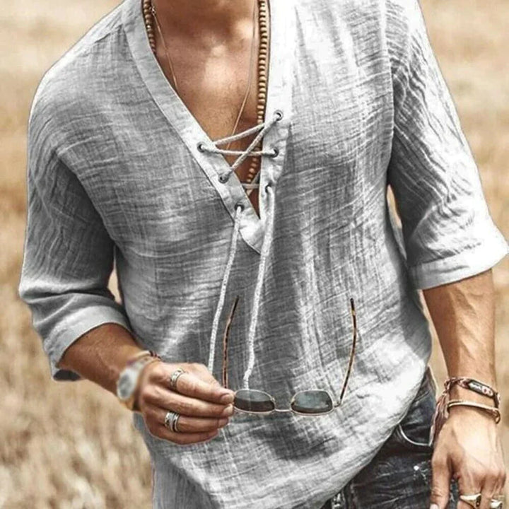 Herren Freizeithemd mit Schnürung – Luftiges Strandshirt im Boho-Stil mit 3/4 Ärmeln für Sommer & Urlaub