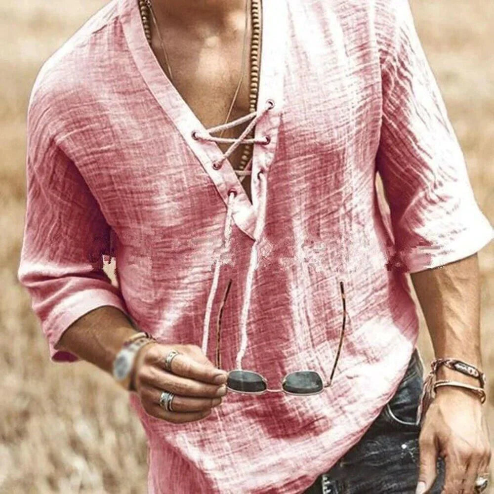 Herren Freizeithemd mit Schnürung – Luftiges Strandshirt im Boho-Stil mit 3/4 Ärmeln für Sommer & Urlaub