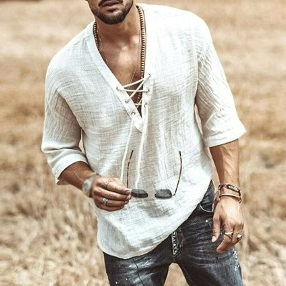 Herren Freizeithemd mit Schnürung – Luftiges Strandshirt im Boho-Stil mit 3/4 Ärmeln für Sommer & Urlaub