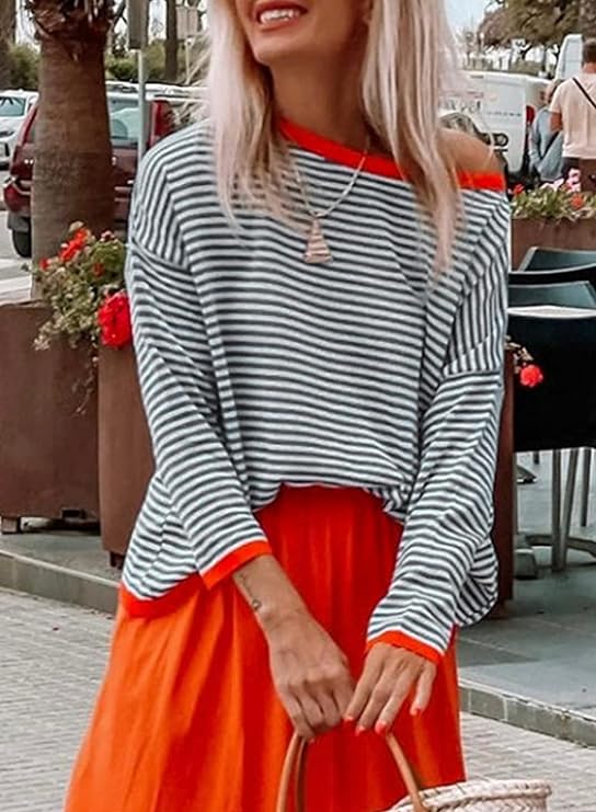 Maglia a maniche lunghe a righe da donna – camicia oversize ampia con dettagli a contrasto per tutti i giorni, viaggi e tempo libero