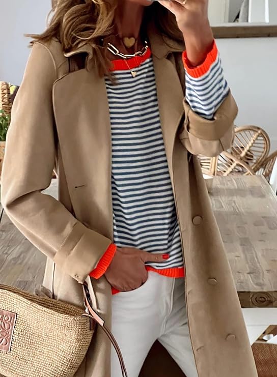 Maglia a maniche lunghe a righe da donna – camicia oversize ampia con dettagli a contrasto per tutti i giorni, viaggi e tempo libero