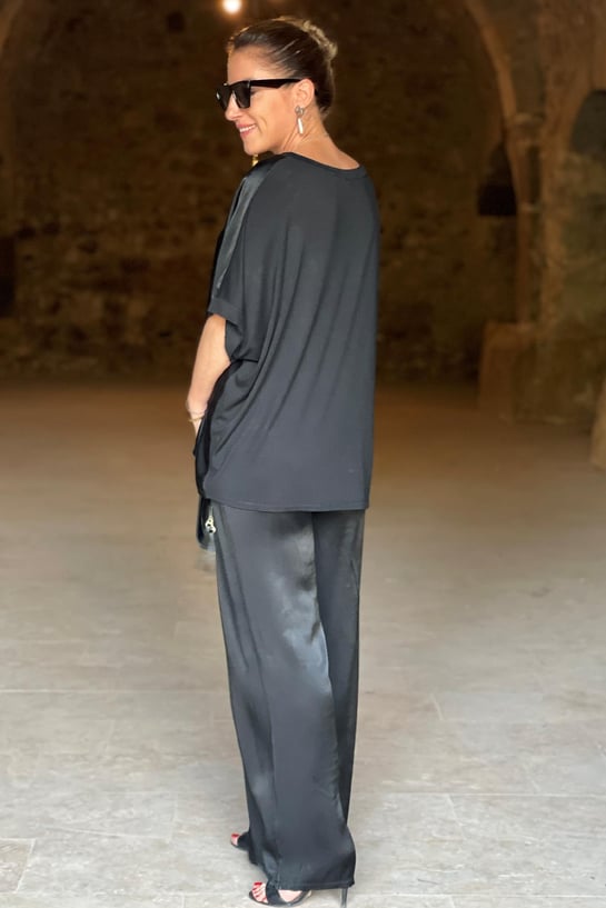 Set da donna in due pezzi con effetto satinato – Elegante camicetta e pantaloni larghi per eventi, vacanze e uso quotidiano