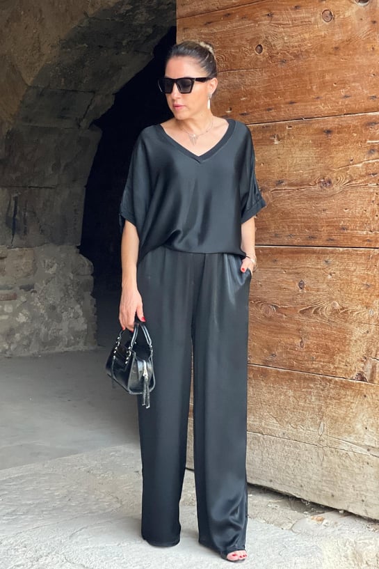 Set da donna in due pezzi con effetto satinato – Elegante camicetta e pantaloni larghi per eventi, vacanze e uso quotidiano