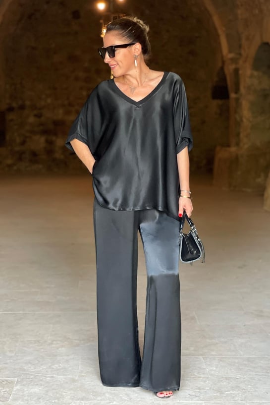 Set da donna in due pezzi con effetto satinato – Elegante camicetta e pantaloni larghi per eventi, vacanze e uso quotidiano