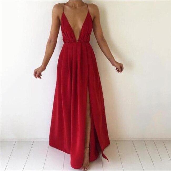 Abito lungo rosso da donna con spalline sottili – Abito da sera sexy con scollo a V profondo e spacco sulla gamba – Perfetto per eventi e notti di festa