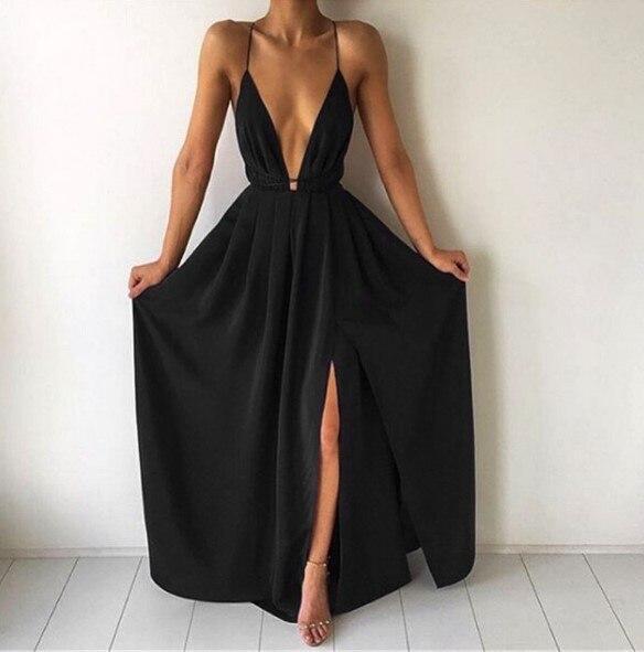 Abito lungo rosso da donna con spalline sottili – Abito da sera sexy con scollo a V profondo e spacco sulla gamba – Perfetto per eventi e notti di festa