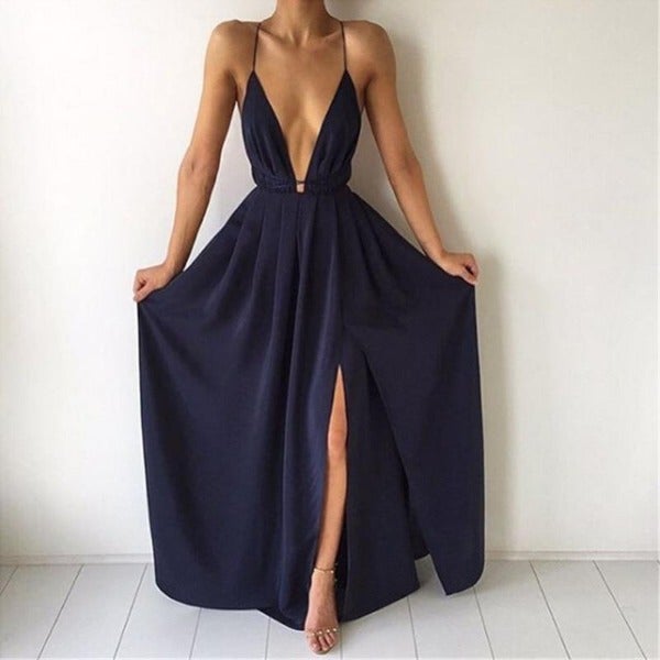 Abito lungo rosso da donna con spalline sottili – Abito da sera sexy con scollo a V profondo e spacco sulla gamba – Perfetto per eventi e notti di festa