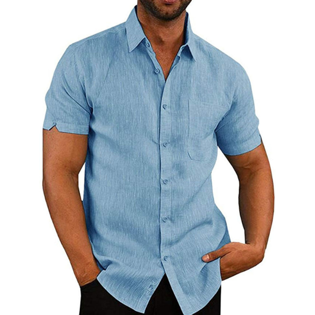 Chemise en lin à manches courtes pour homme avec patte de boutonnage – Chemise d'été légère pour loisirs, vacances et quotidien