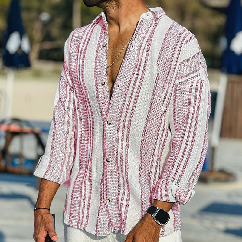 Chemise en lin pour homme avec motif à rayures – Chemise d'été décontractée avec patte de boutonnage et manches longues – Look plage & loisirs