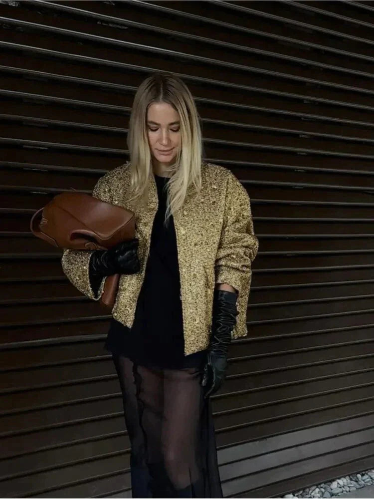 Veste bouclée carrée avec paillettes & coupe oversize – style blazer à la mode pour tenues spéciales