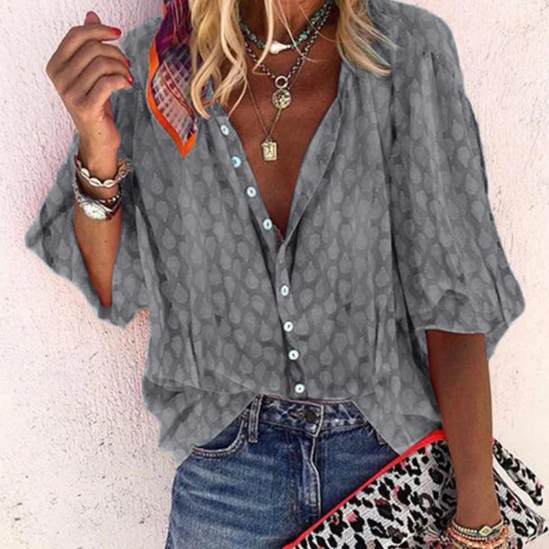 Camicetta da donna con bottoni – Camicia estiva ampia con scollo a V e maniche 3/4 per spiaggia e tempo libero