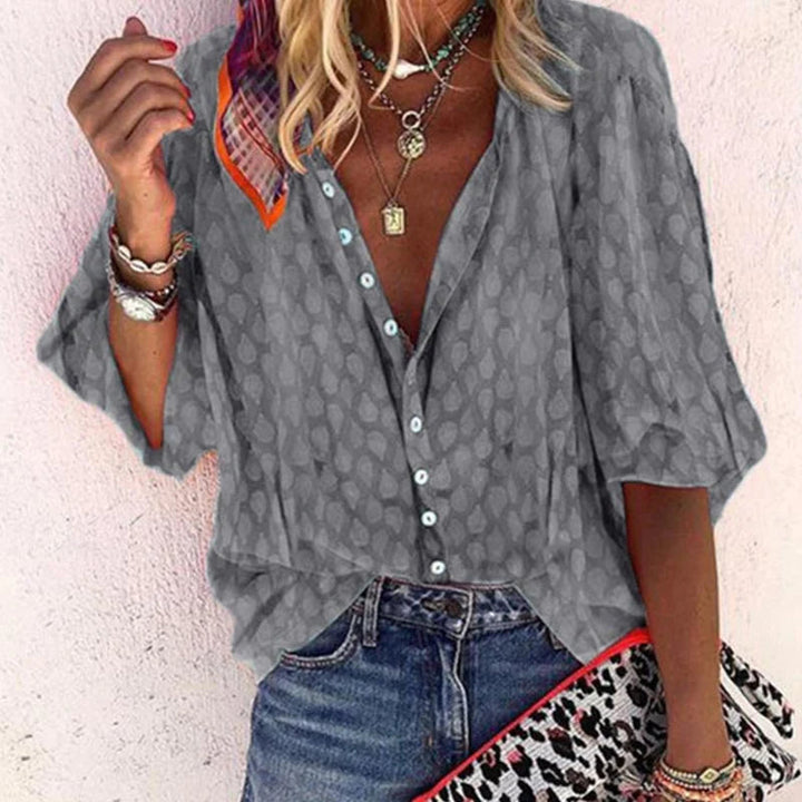 Camicetta da donna con bottoni – Camicia estiva ampia con scollo a V e maniche 3/4 per spiaggia e tempo libero