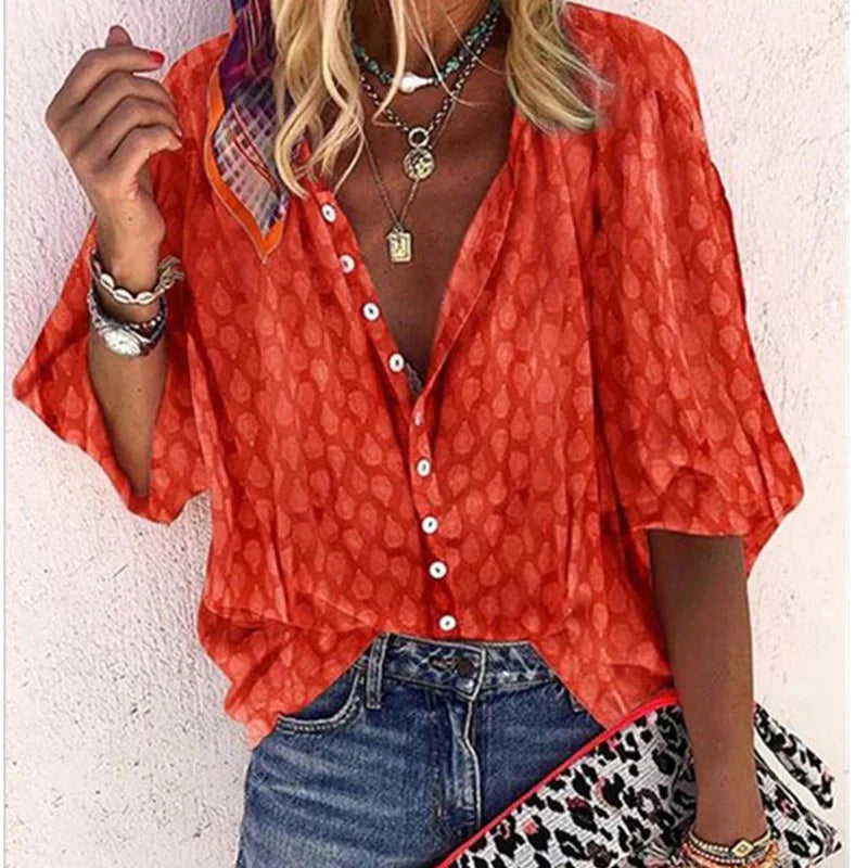 Camicetta da donna con bottoni – Camicia estiva ampia con scollo a V e maniche 3/4 per spiaggia e tempo libero
