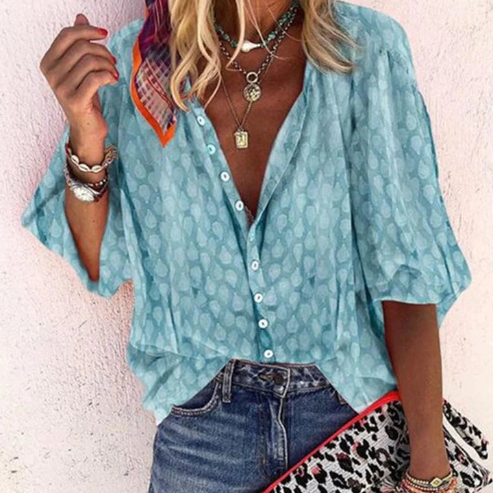 Camicetta da donna con bottoni – Camicia estiva ampia con scollo a V e maniche 3/4 per spiaggia e tempo libero