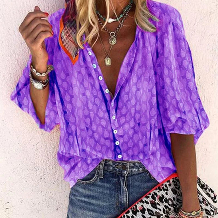 Camicetta da donna con bottoni – Camicia estiva ampia con scollo a V e maniche 3/4 per spiaggia e tempo libero