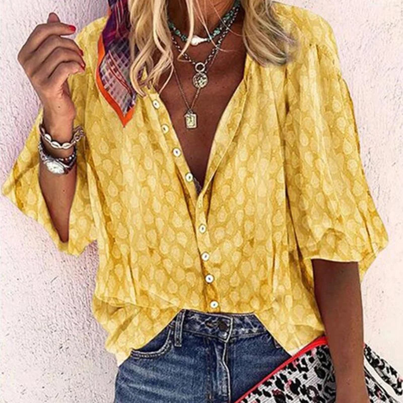 Camicetta da donna con bottoni – Camicia estiva ampia con scollo a V e maniche 3/4 per spiaggia e tempo libero