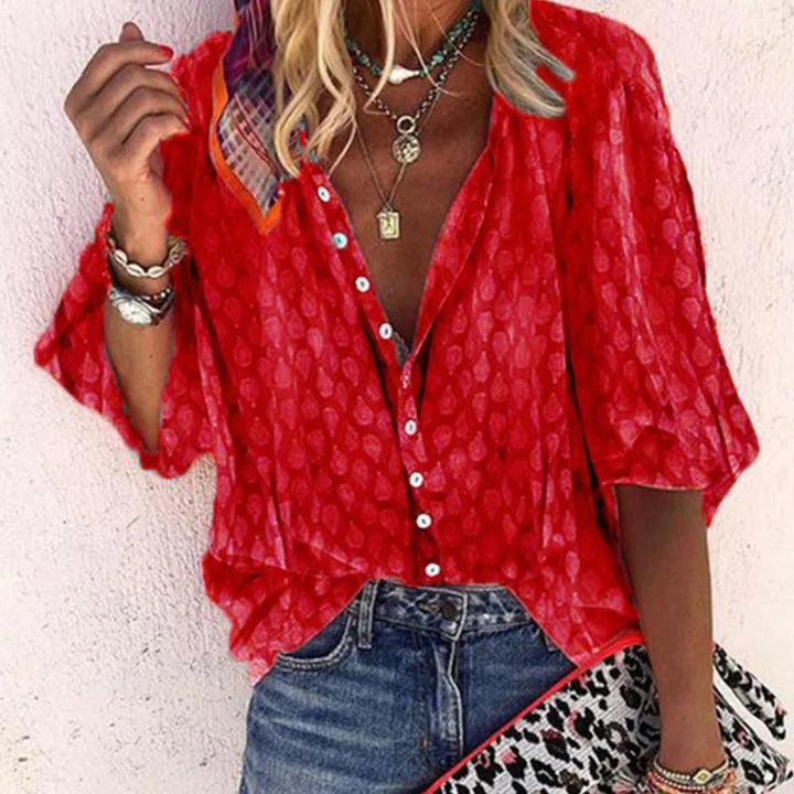 Camicetta da donna con bottoni – Camicia estiva ampia con scollo a V e maniche 3/4 per spiaggia e tempo libero