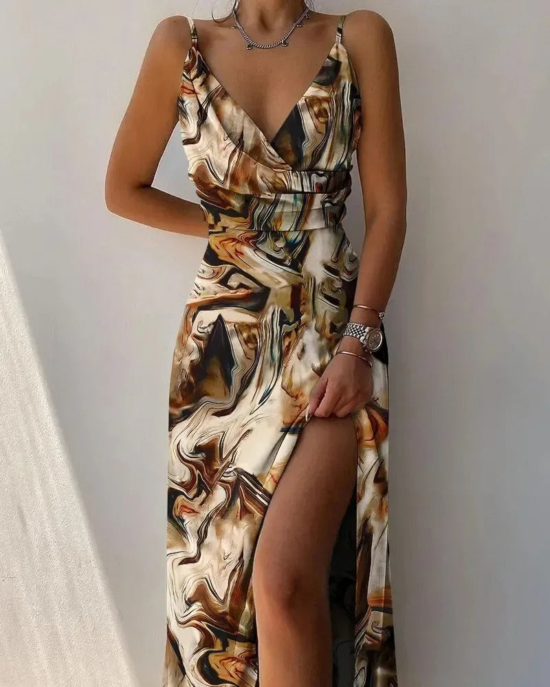 Elegante abito lungo con spacco per donna – spalline sottili e effetto incrociato, ideale per estate, eventi e serate romantiche