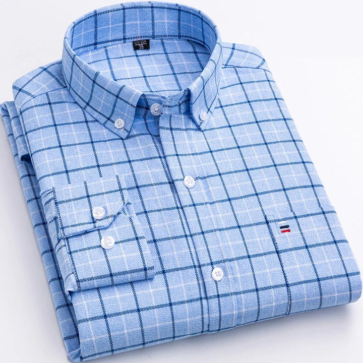 Chemise à carreaux pour homme avec col boutonné – Chemise à manches longues pour affaires et loisirs au bureau et au quotidien