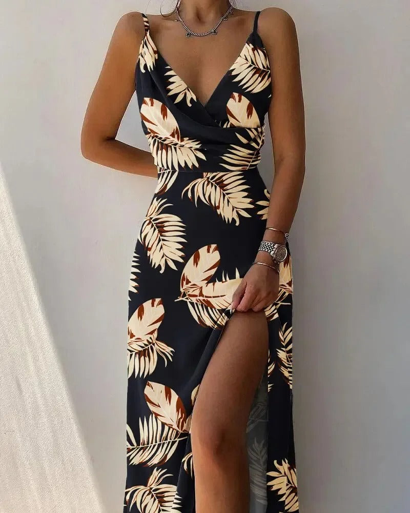 Elegante abito lungo con spacco per donna – spalline sottili e effetto incrociato, ideale per estate, eventi e serate romantiche