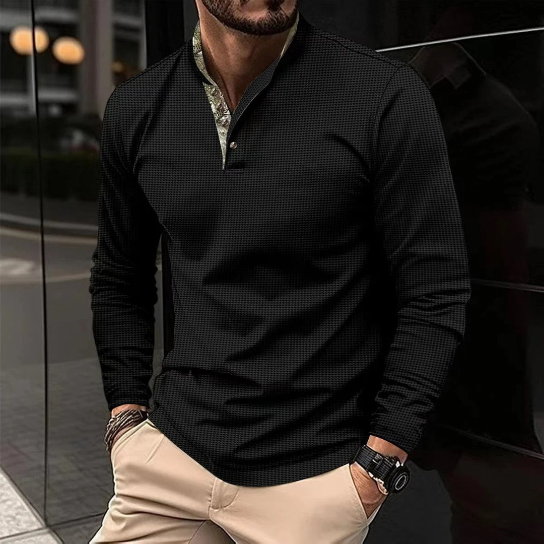 T-shirt homme à manches longues avec col montant et patte de boutonnage cachée – Élégant & décontracté à la fois