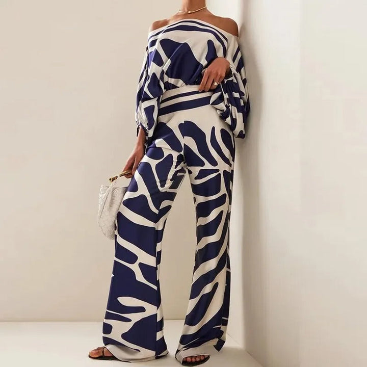 Set da donna in due pezzi con top asimmetrico e gamba larga – completo satinato in stile retrò per eventi e estate