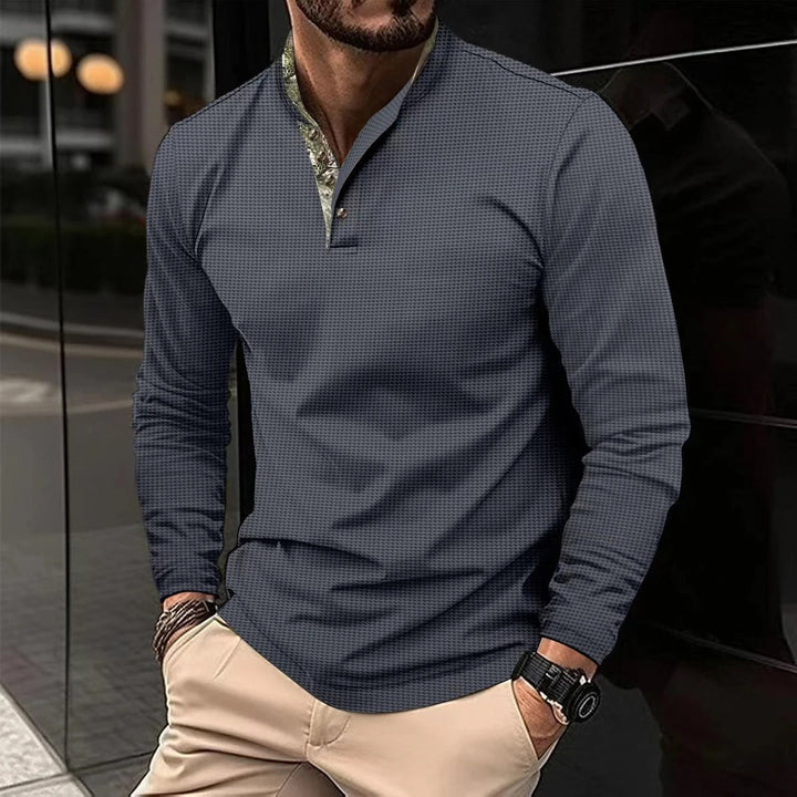 T-shirt homme à manches longues avec col montant et patte de boutonnage cachée – Élégant & décontracté à la fois
