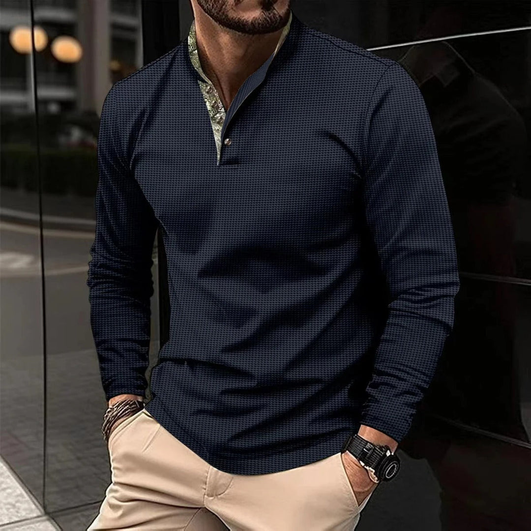 T-shirt homme à manches longues avec col montant et patte de boutonnage cachée – Élégant & décontracté à la fois