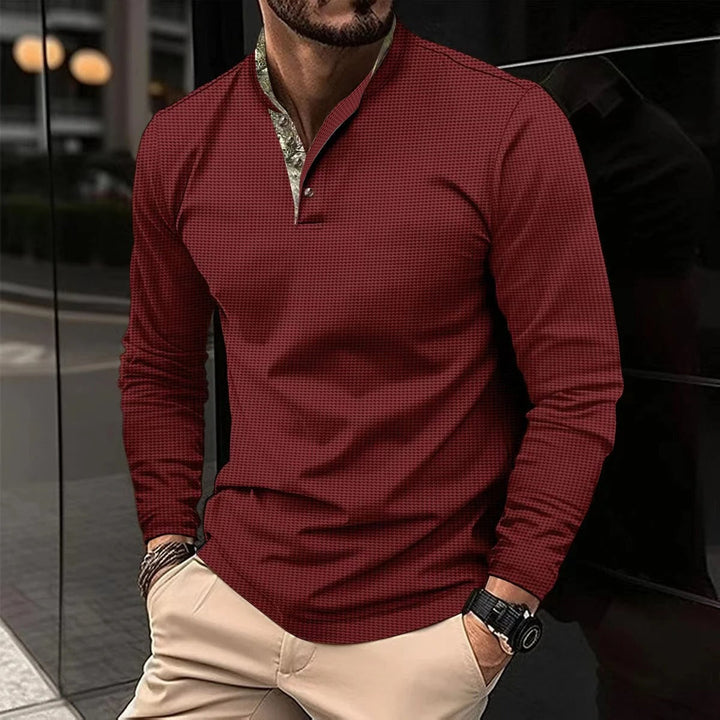 T-shirt homme à manches longues avec col montant et patte de boutonnage cachée – Élégant & décontracté à la fois