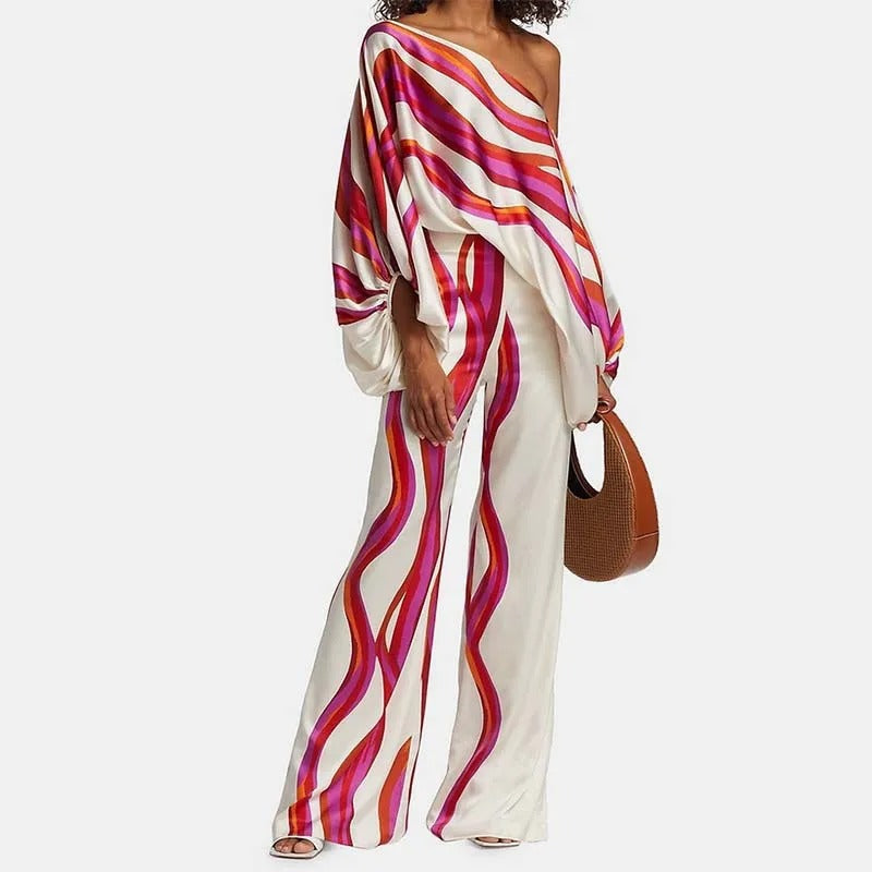 Set da donna in due pezzi con top asimmetrico e gamba larga – completo satinato in stile retrò per eventi e estate