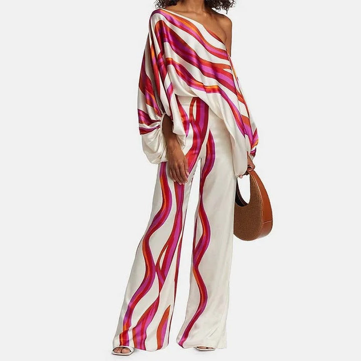 Set da donna in due pezzi con top asimmetrico e gamba larga – completo satinato in stile retrò per eventi e estate