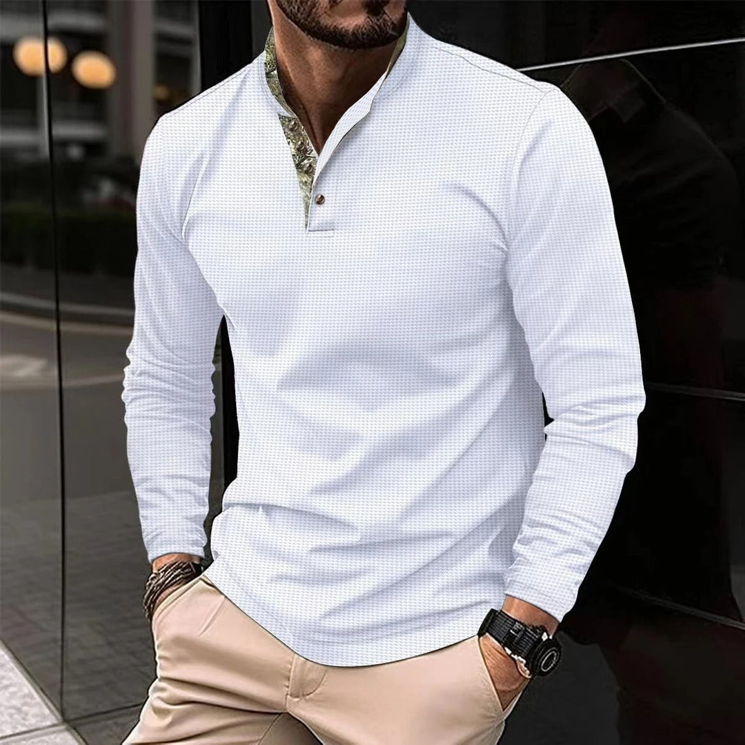 T-shirt homme à manches longues avec col montant et patte de boutonnage cachée – Élégant & décontracté à la fois