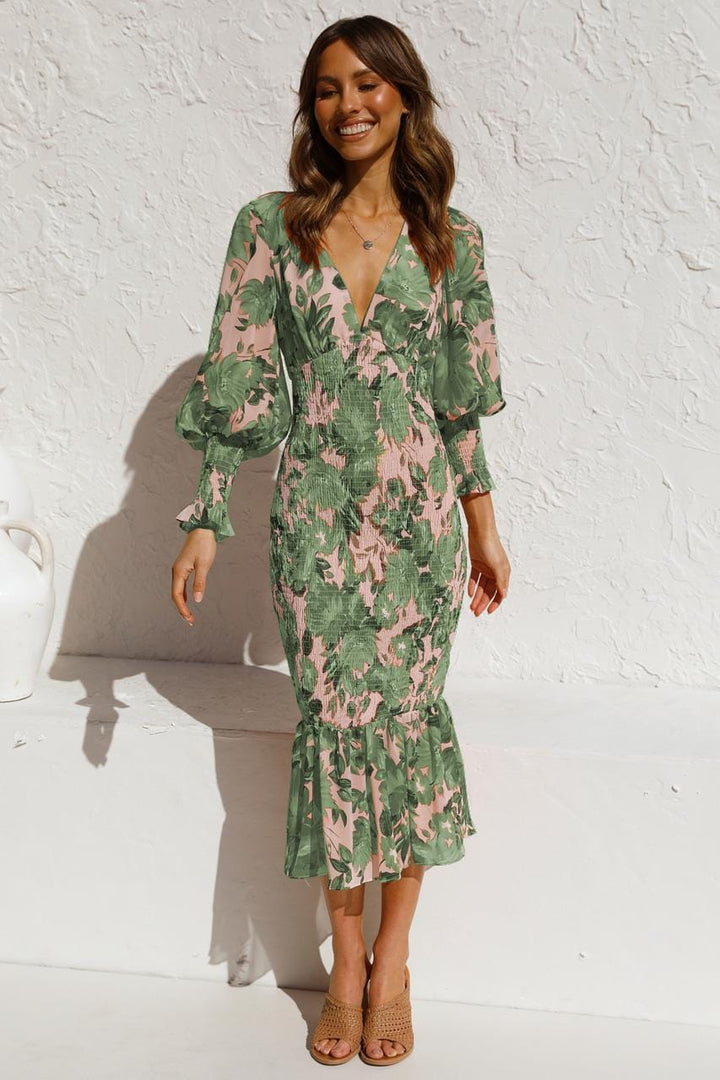 Abito midi floreale da donna con maniche a palloncino – abito aderente con scollo a V e volant per primavera, eventi e vacanze