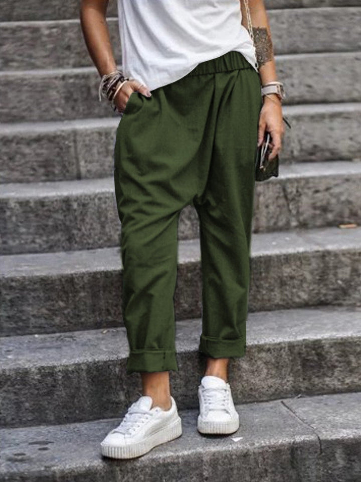 Pantalon femme coupe décontractée avec ceinture élastique – Pantalon streetstyle avec entrejambe bas et revers pour le quotidien et les loisirs