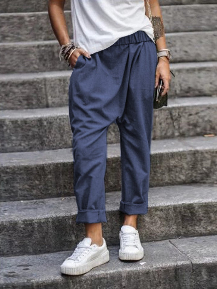 Pantalon femme coupe décontractée avec ceinture élastique – Pantalon streetstyle avec entrejambe bas et revers pour le quotidien et les loisirs