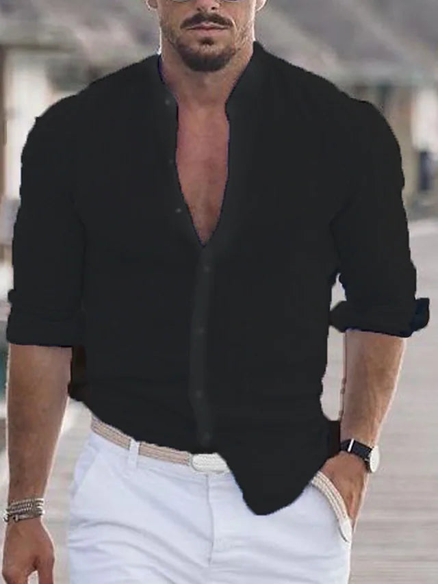 Luftiges Herren Leinenhemd mit Stehkragen – Sommerhemd mit langen Ärmeln für Strand & Freizeit – Lockeres Casual Shirt im Slim Fit