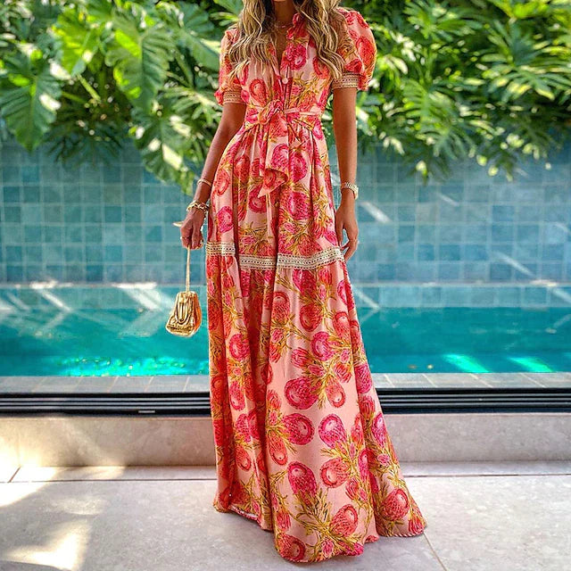 Abito lungo boho con motivo floreale – abito estivo arioso per vacanze e spiaggia