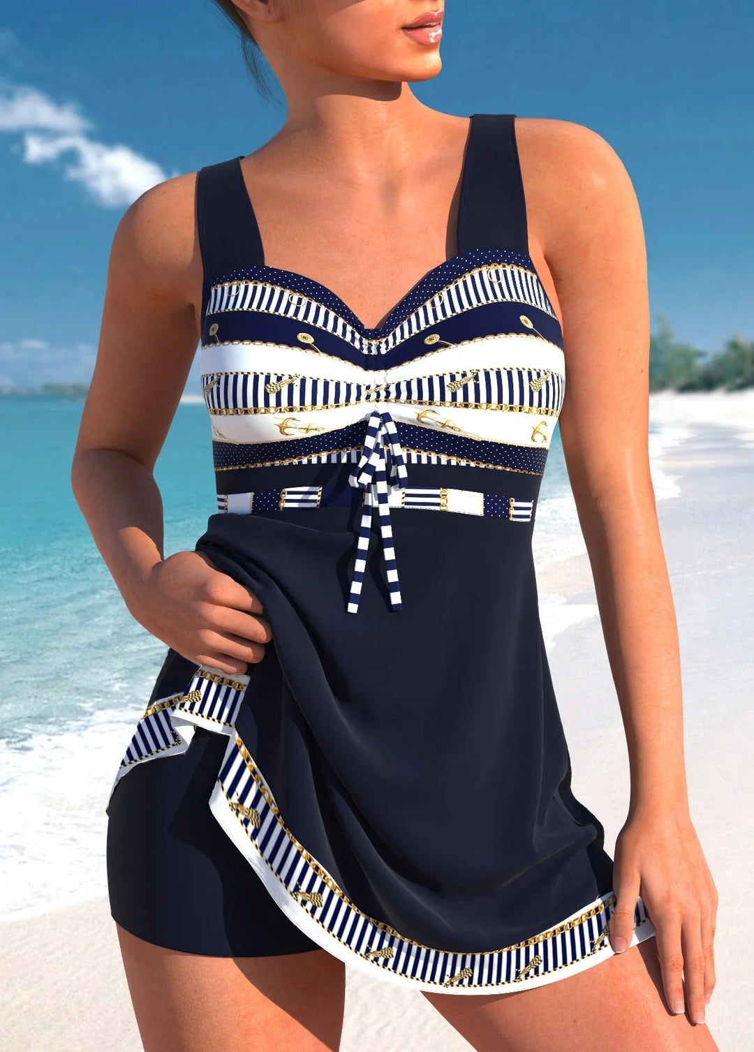 Modelujący figurę tankini z rozkloszowaną spódnicą i etnicznym wzorem – maksymalny komfort i styl